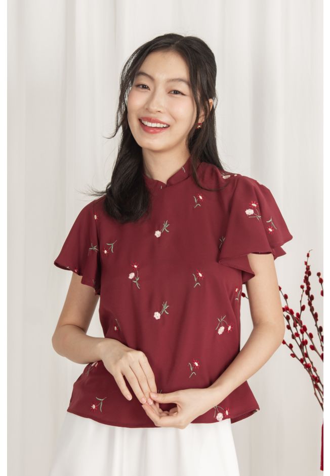 ZAVALA FLORAL EMBROIDERED DETACHABLE COLLAR CHEONGSAM TOP