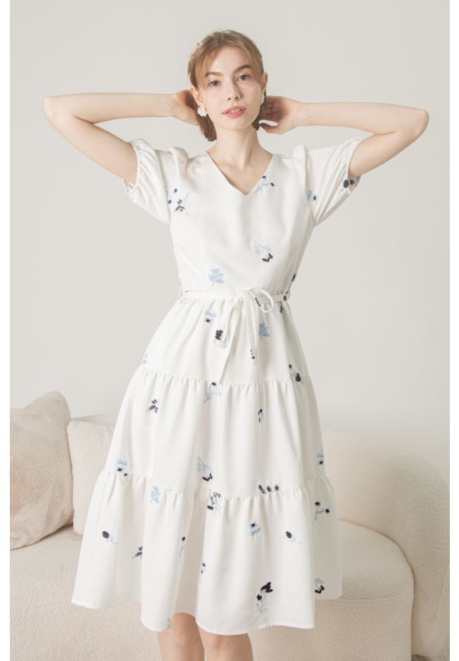 FENELLA EMBROIDERY V-NECK DRESS