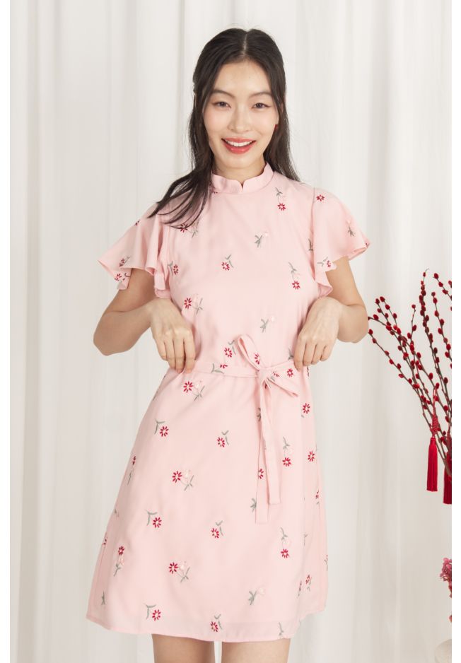 ZAVALA FLORAL EMBROIDERED DETACHABLE COLLAR CHEONGSAM DRESS